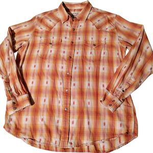 Ryan Michael Mens XL Orange Plaid Western Snap Shirt Embroidered Cotton L/S